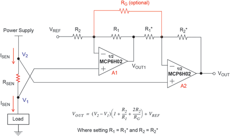 Figure 6. Two-op-amp instrumentation amplifier with additional RG